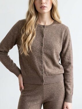 Demylee 100% Cashmere Crewneck Cardigan Sweater neutral Heather Brown